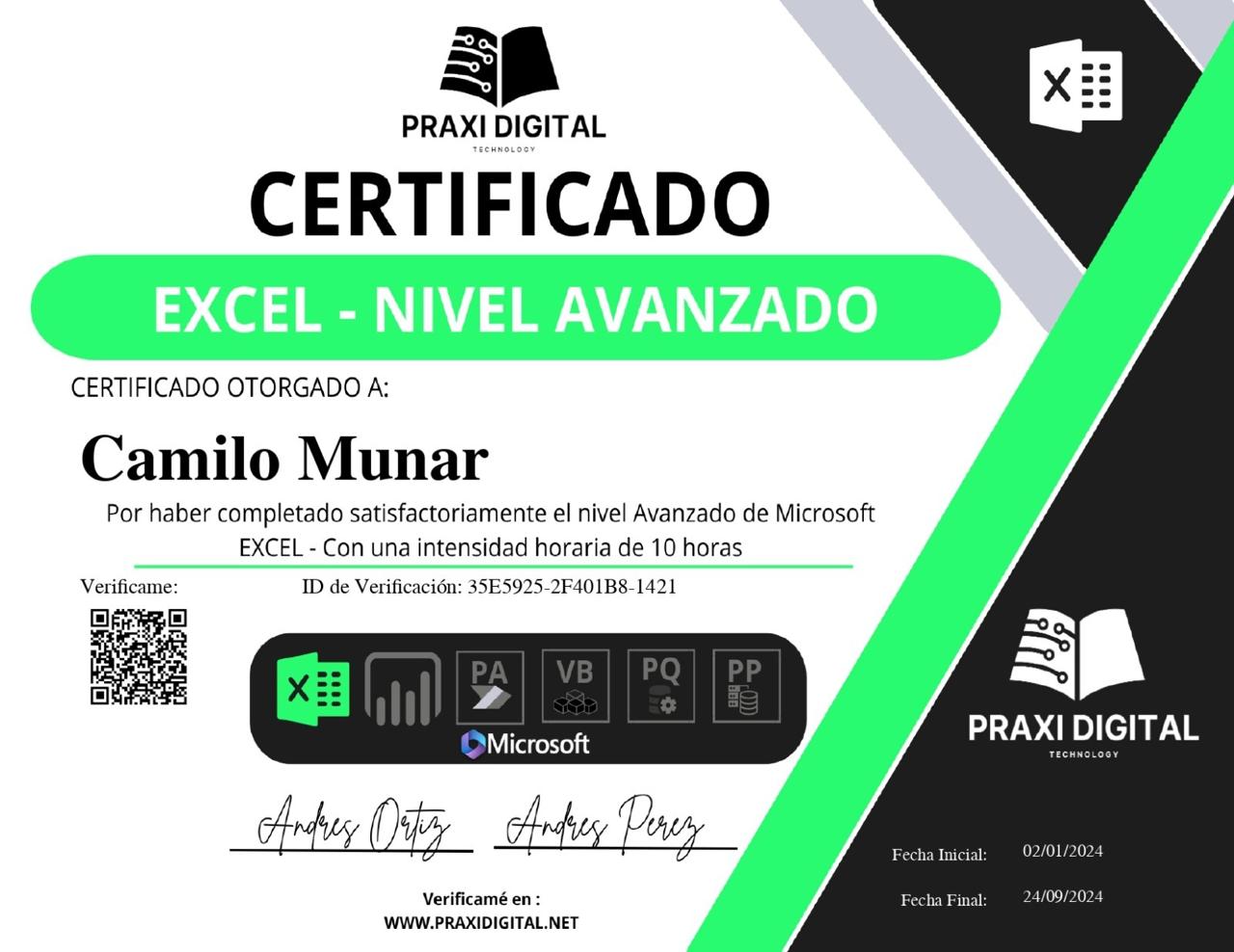 Ejemplo de certificado de Excel de Praxi Digital